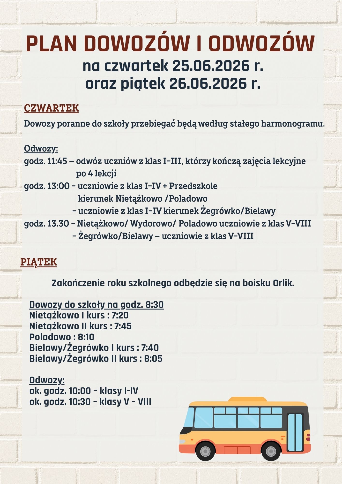 plan dowozów i odwozów
