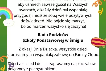 Życzenia od Rady Rodziców z okazji Dnia Dziecka.
